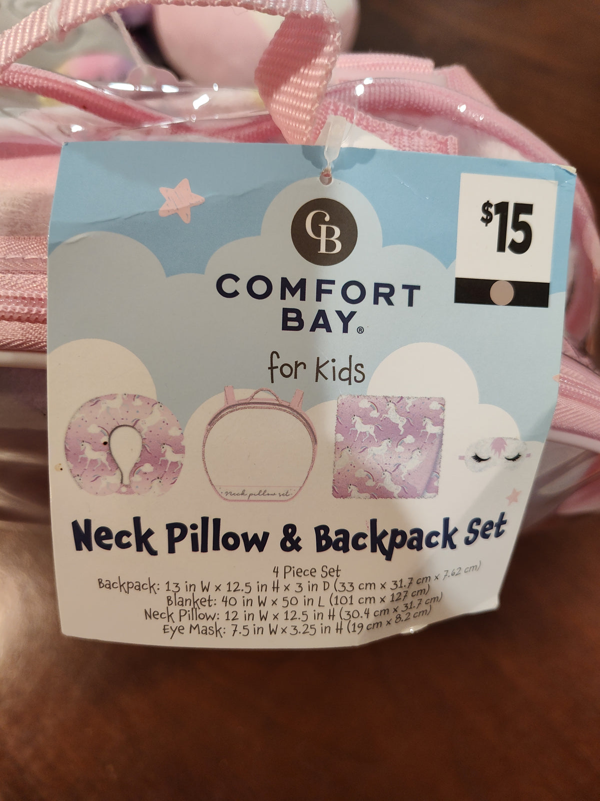 Seller 189:  Comfort Bay Girl's Travel Set:  Neck Pillow, clear backpack, and unicorn blanket/sleep mask
