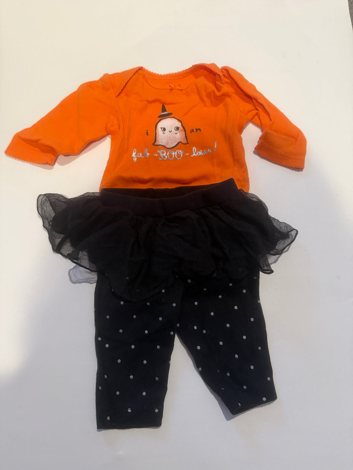 #170 Carters “I am fab-boo-lous” orange body suit with ghost with black tulle skirted pants girls 3 months