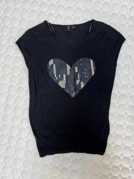 Size 10 thin black sweater with sequin heart, EUC