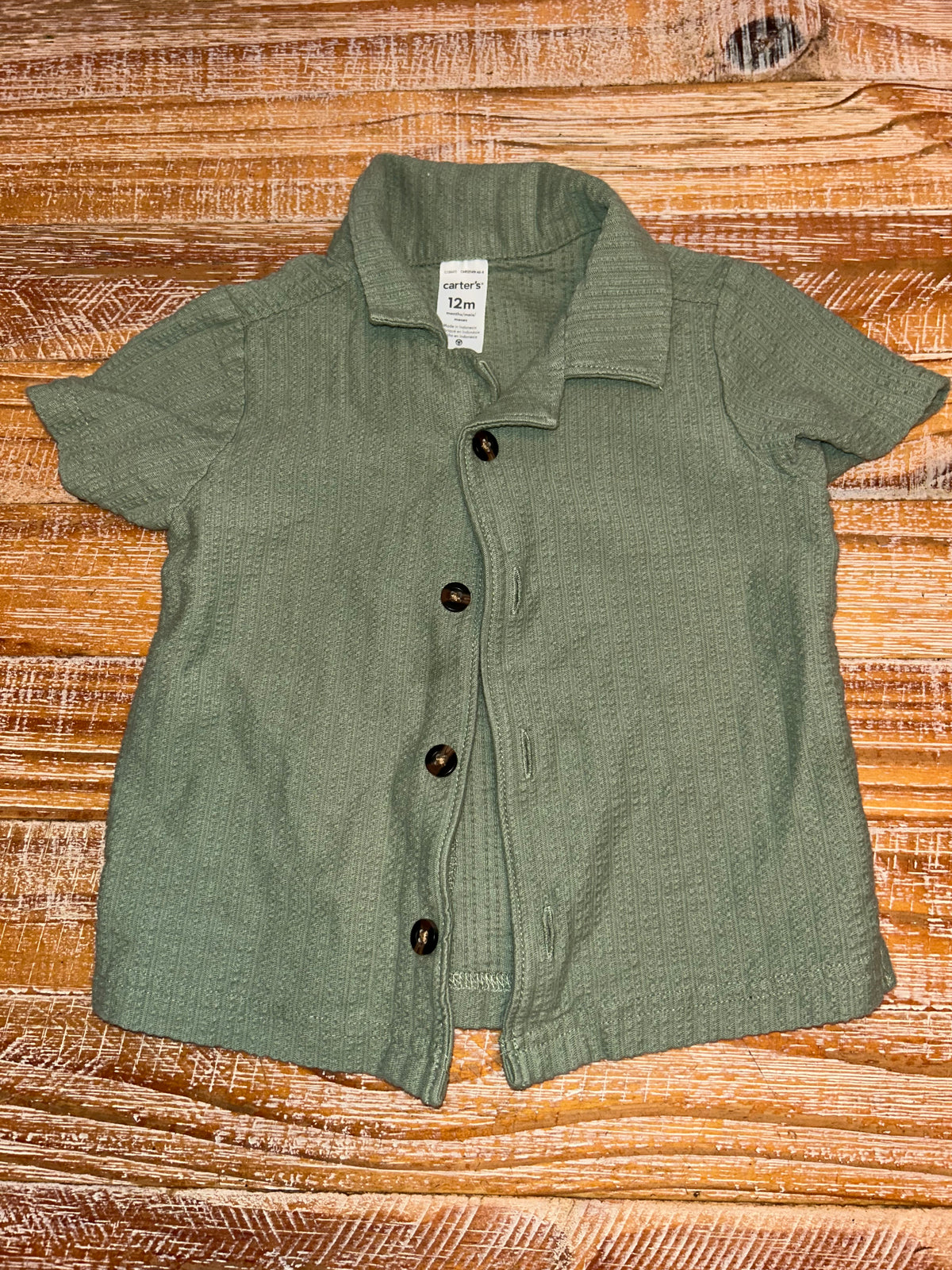 #4 Carter's Sage Green Button Up Short Sleeve Boys 12 months