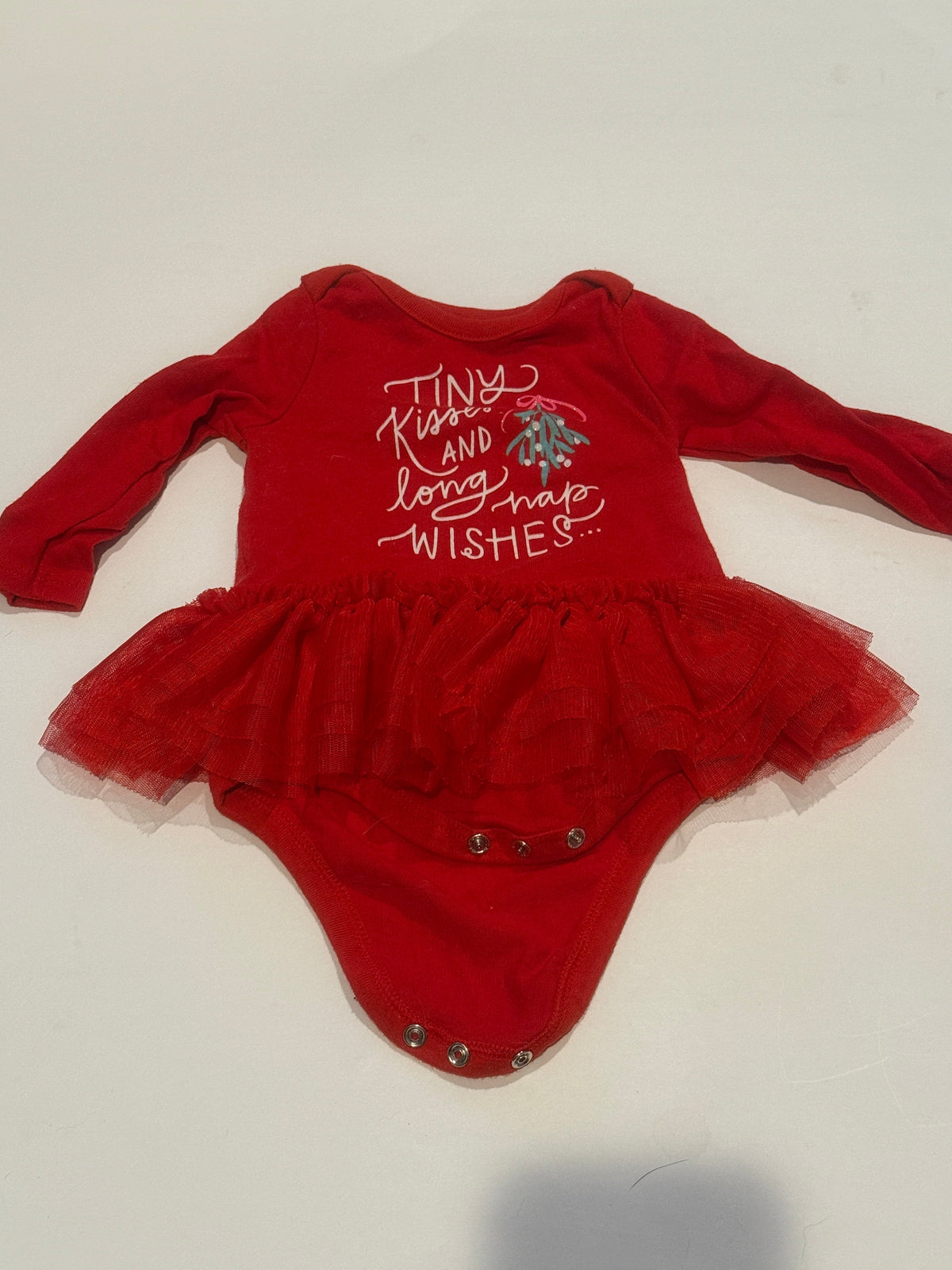 #170 Cat and Jack “Tiny Kisses and Long Nap wishes” red tulle skirted body suit with Christmas tree girls 0-3 months