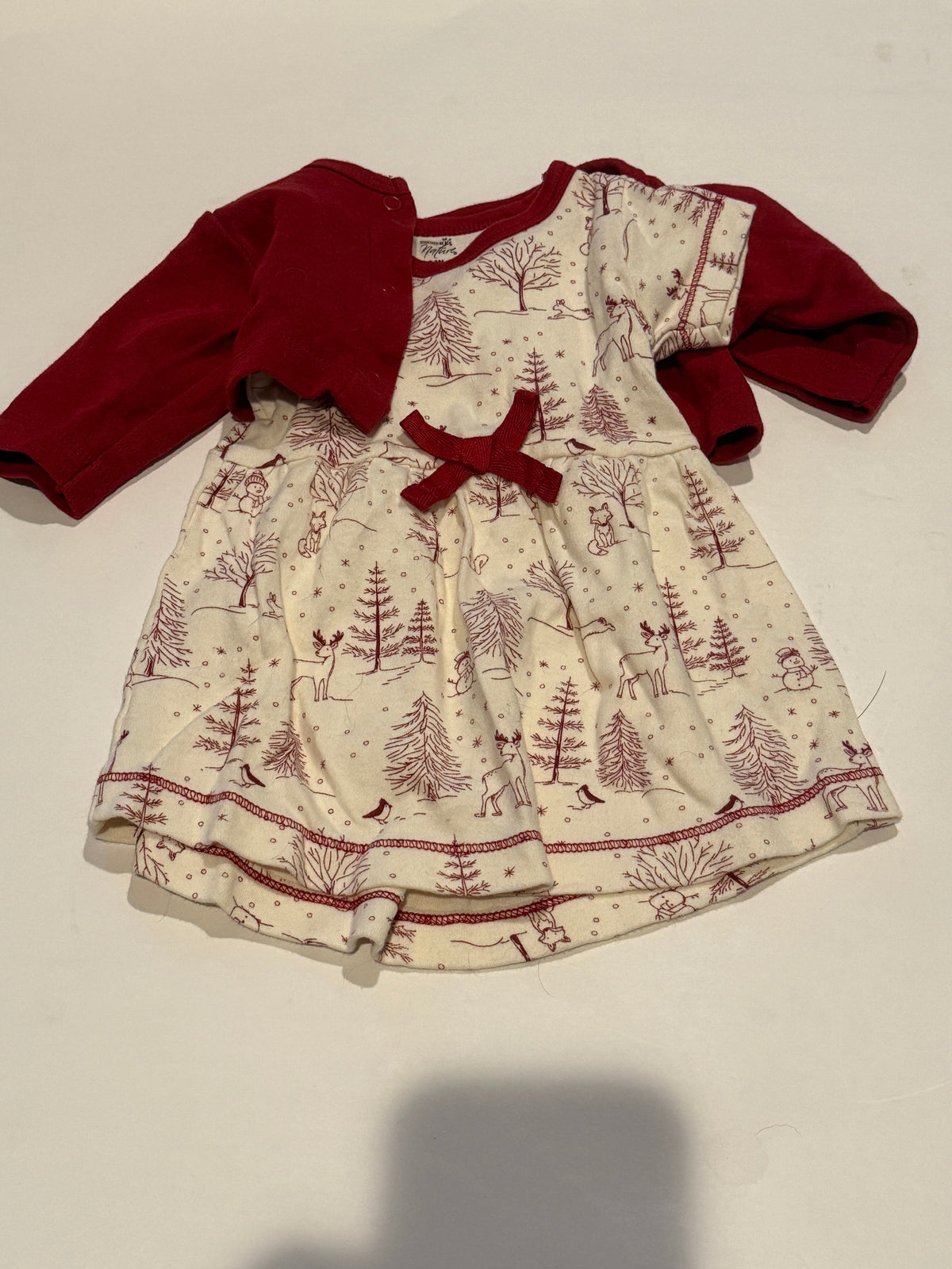#170 Touched by Nature cream dress with burgundy snowy scenes and burgundy cardigan NWOT girls 0-3 months