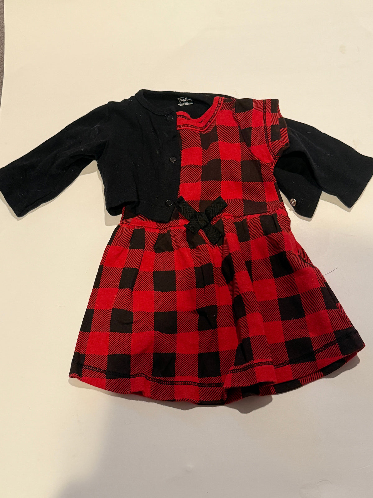 #170 Touched by Nature buffalo plaid dress with black cardigan girls 0-3 months