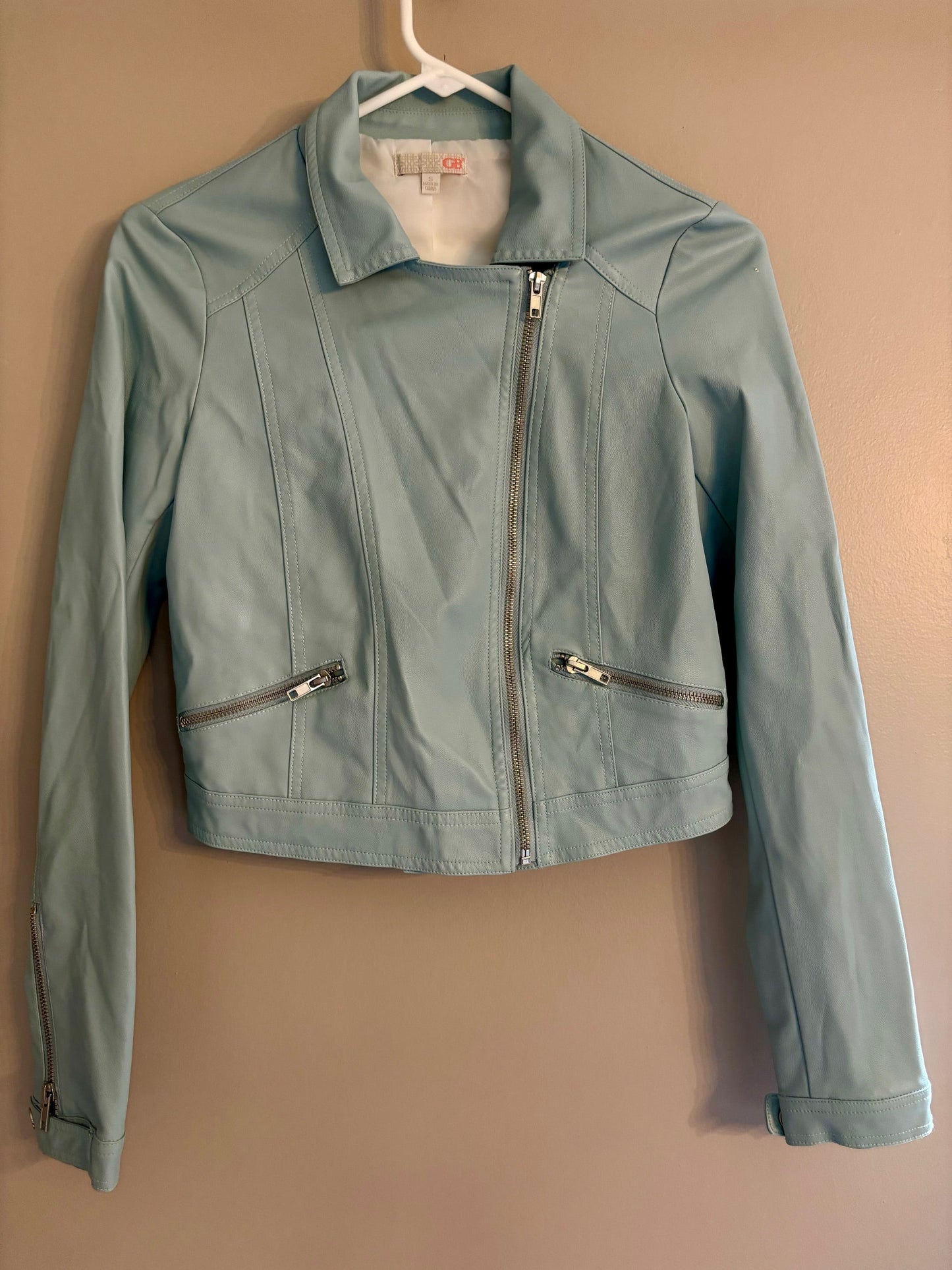 #70 Women's Gianni Bernini faux leather moto jacket size small VGUC