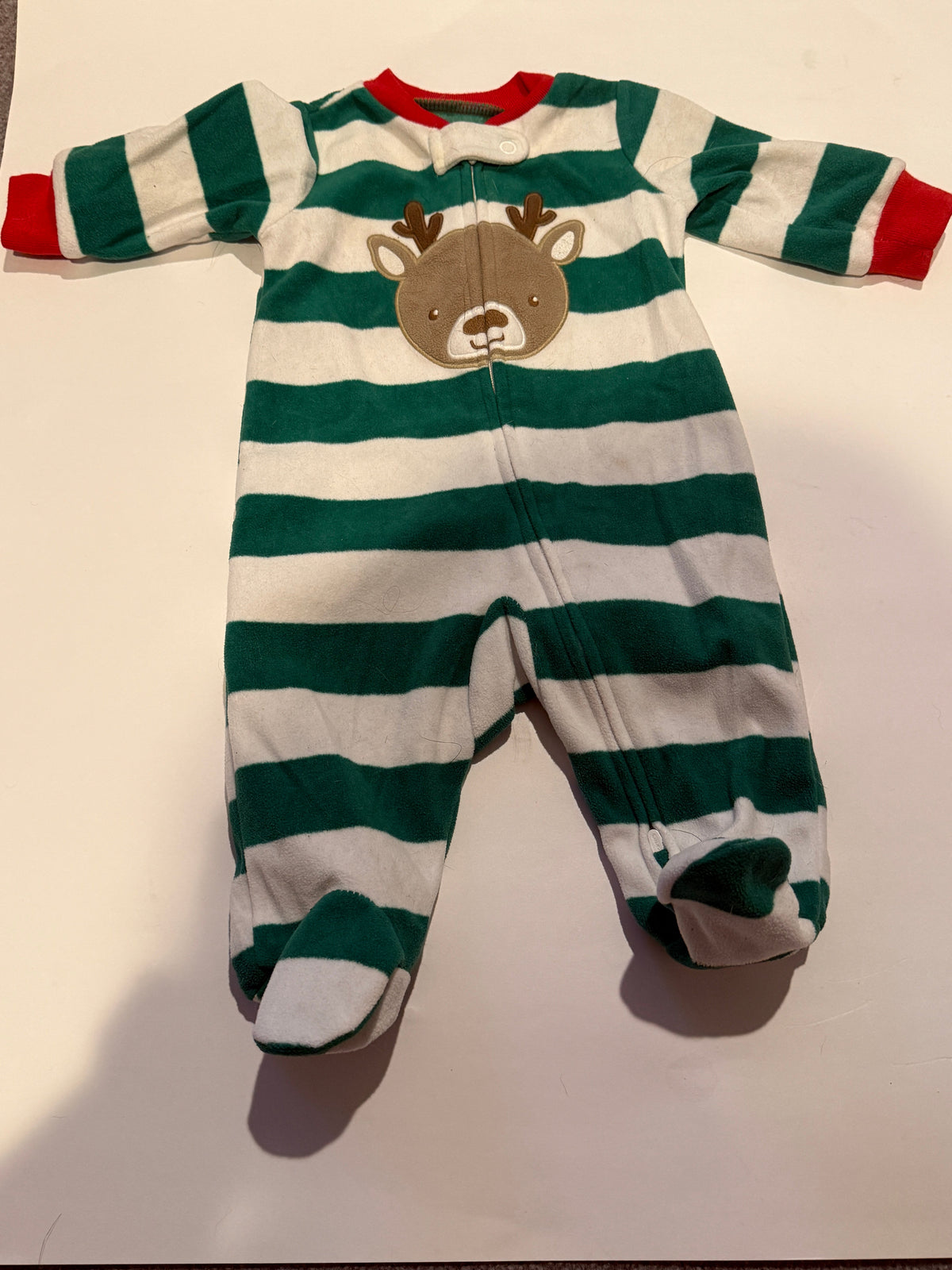 #170 Carters green and white stripe reindeer fleece footie pajamas gender neutral 3 months
