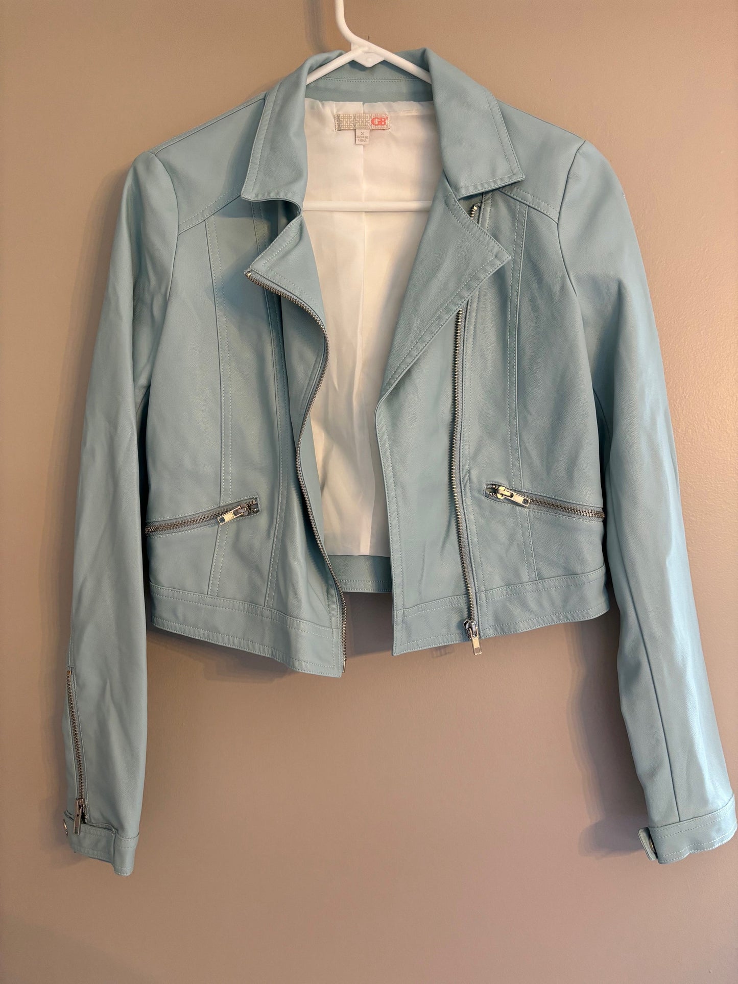 #70 Women's Gianni Bernini faux leather moto jacket size small VGUC