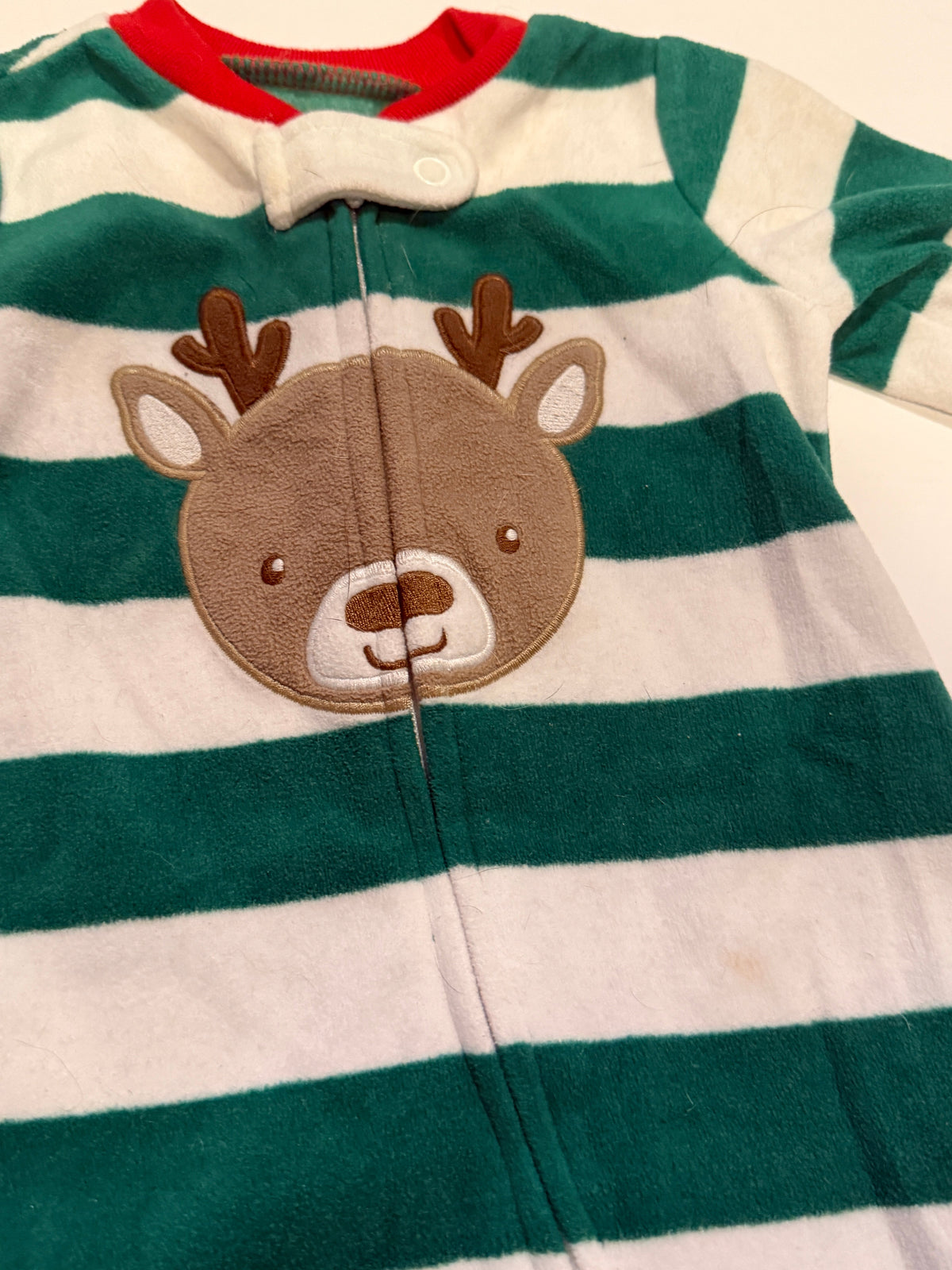 #170 Carters green and white stripe reindeer fleece footie pajamas gender neutral 3 months
