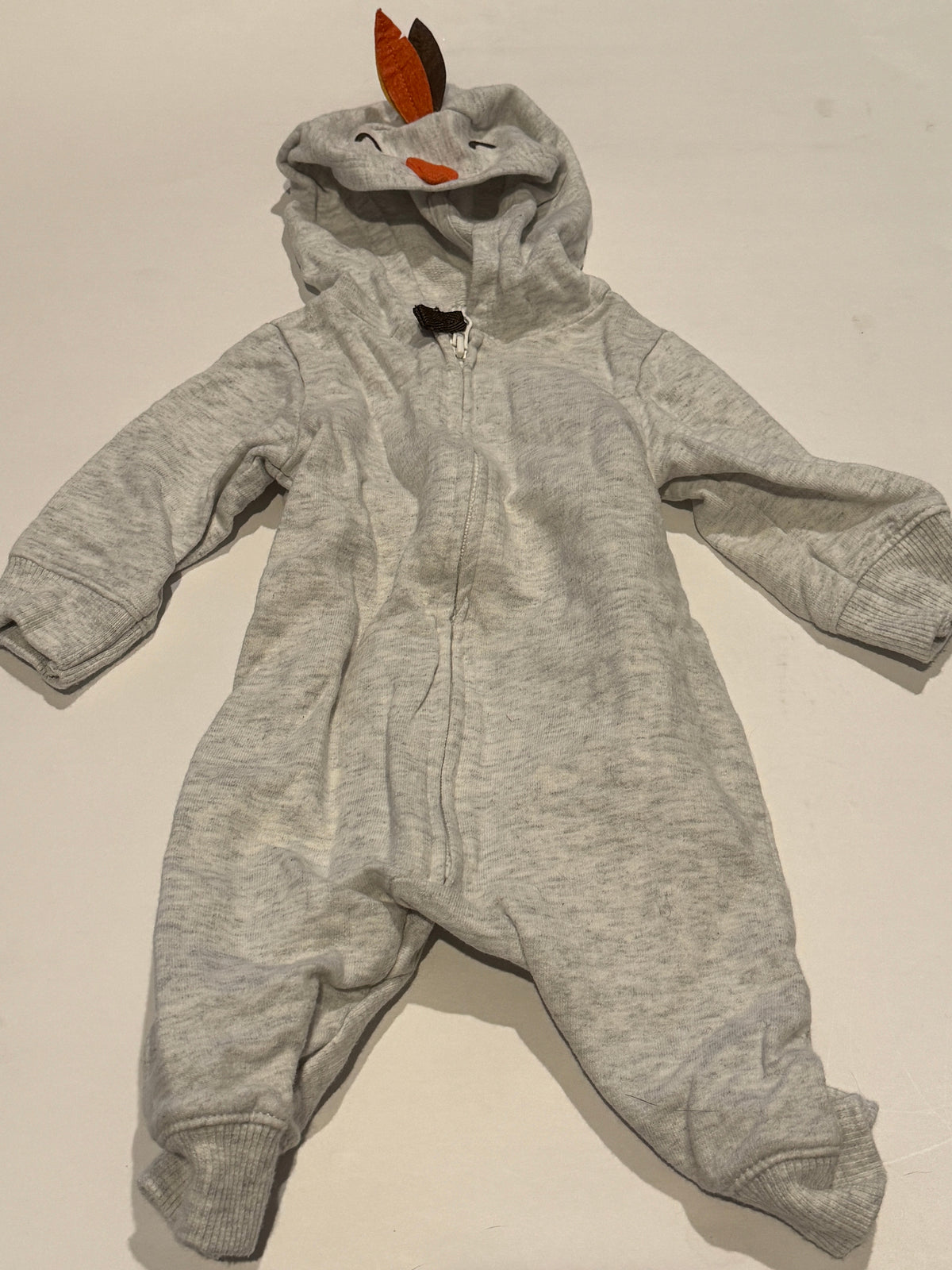 #170 Old Navy Turkey Zip up one piece outfit, heather gray with turkey hood and tail feathers on bottom gender neutral 0-3 months
