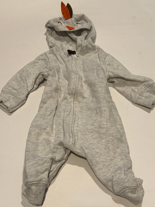 #170 Old Navy Turkey Zip up one piece outfit, heather gray with turkey hood and tail feathers on bottom gender neutral 0-3 months