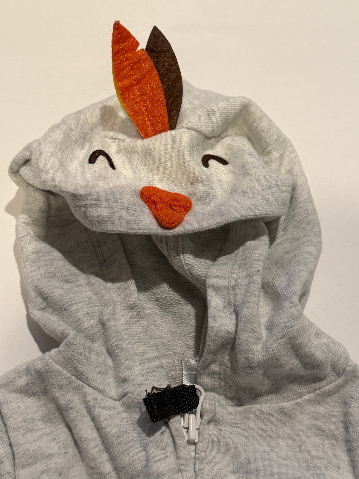 #170 Old Navy Turkey Zip up one piece outfit, heather gray with turkey hood and tail feathers on bottom gender neutral 0-3 months