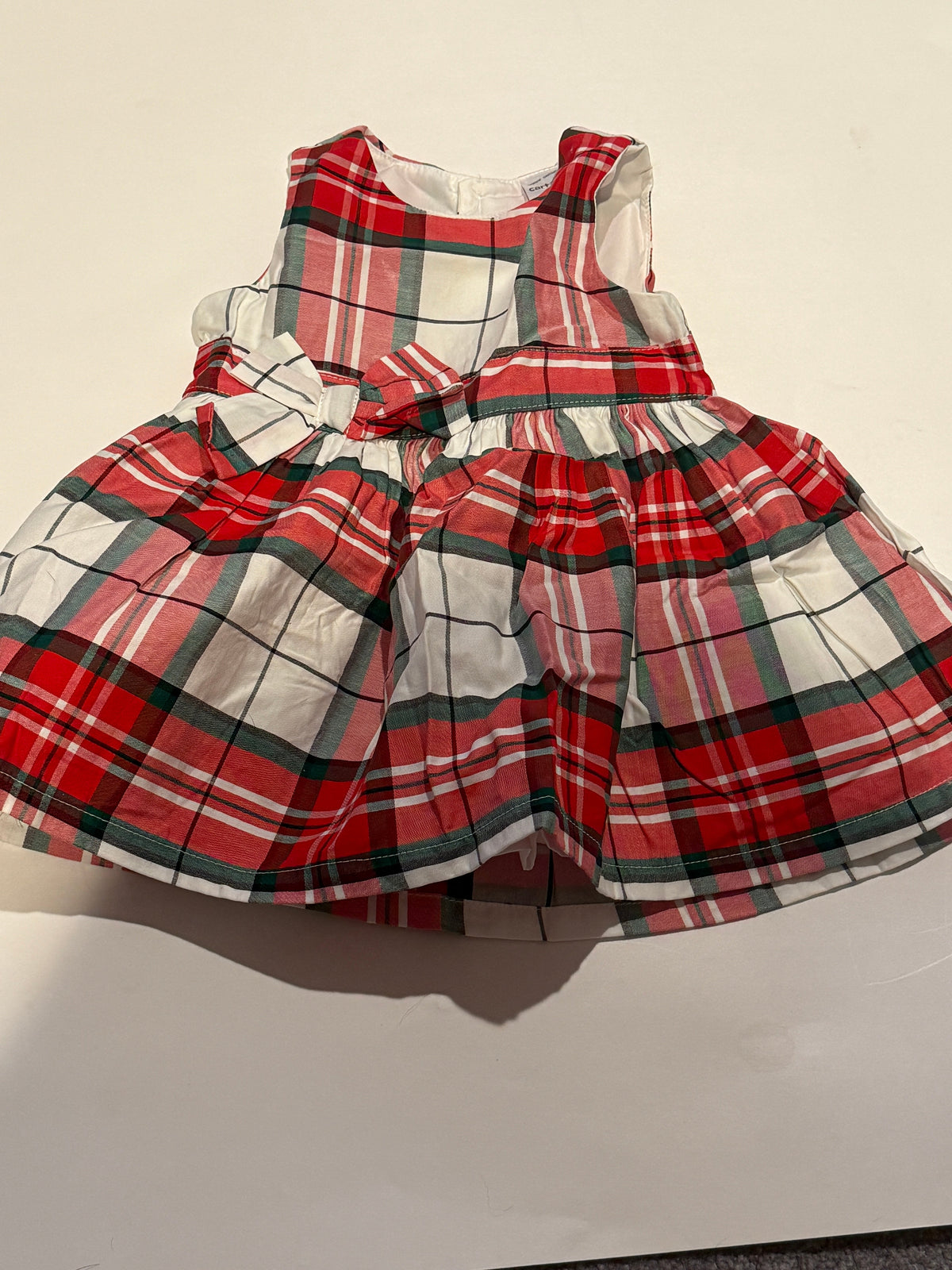 #170 Carters Red, Green and cream plaid Christmas Dress with bow girls 3 months