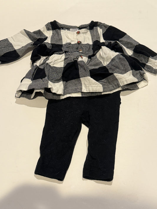 #170 Carter’s white and black flannel peplum top with black pants with ruffles on the butt girls 3 months