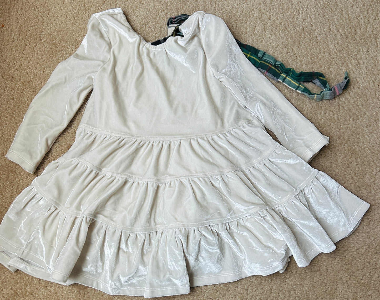 #15 Pink Chicken 2Y Velvet Dress with Green Tartan Bow Tie Back