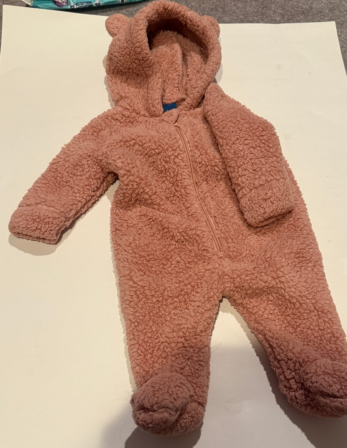 #170 Old Navy Faux Fur Bear ear rose pink hooded one piece zip up girls 0-3 months (2 of 2)