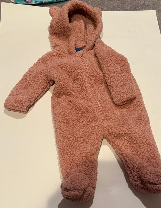 #170 Old Navy Faux Fur Bear ear rose pink hooded one piece zip up girls 0-3 months (2 of 2)