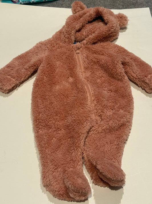 #170 Old Navy Faux Fur Bear ear rose pink hooded one piece zip up NWOT girls 0-3 months (1 of 2)