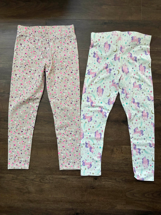 #126 2 Pairs - Unicorn & Heart/Star Printed Leggings M 7/8