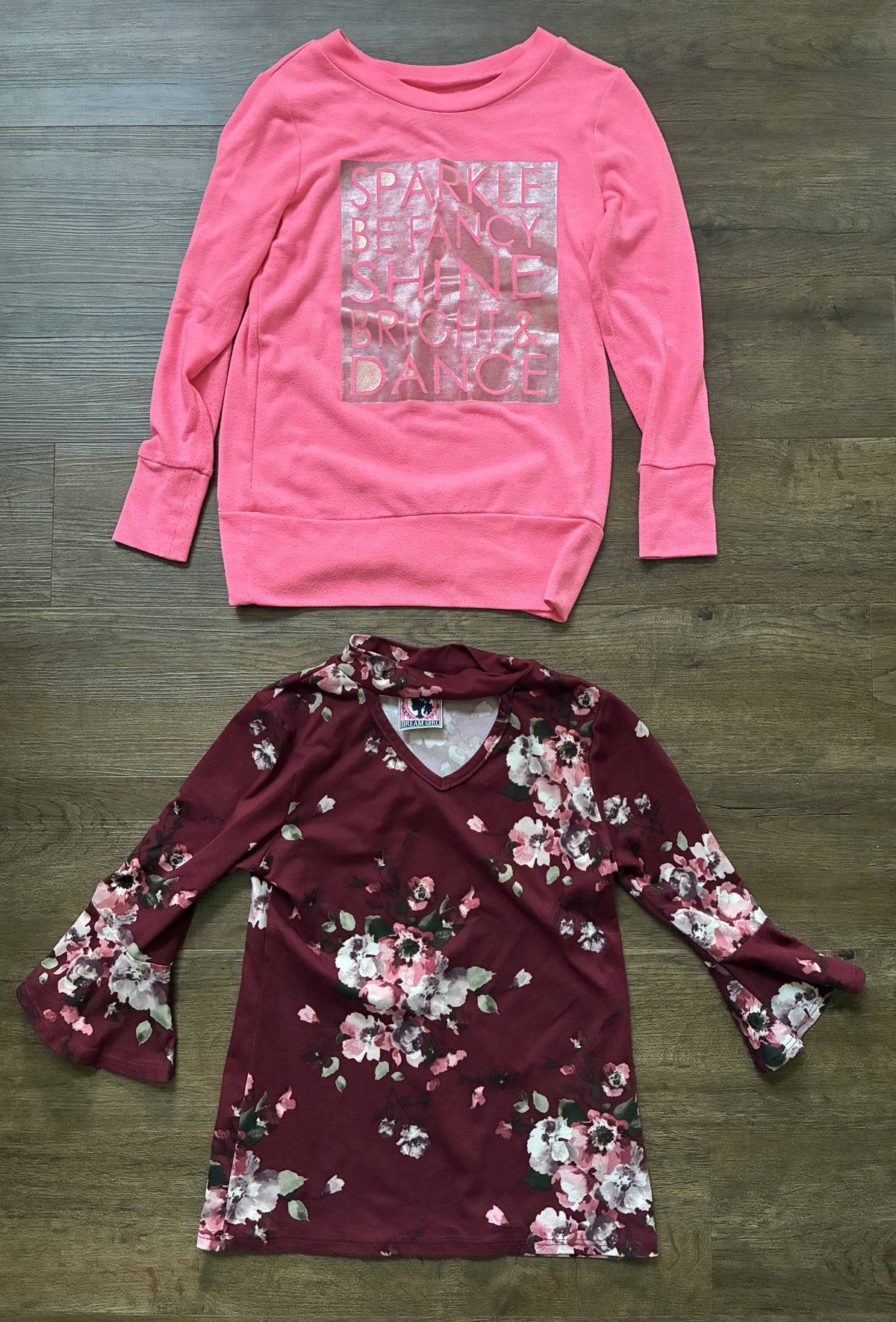 #126 Pink Graphic Shirt & Burgundy Floral 3/4 Sleeve Shirt Girls 7/8