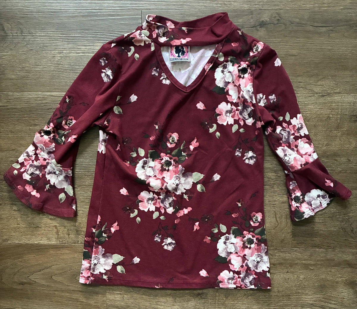 #126 Pink Graphic Shirt & Burgundy Floral 3/4 Sleeve Shirt Girls 7/8