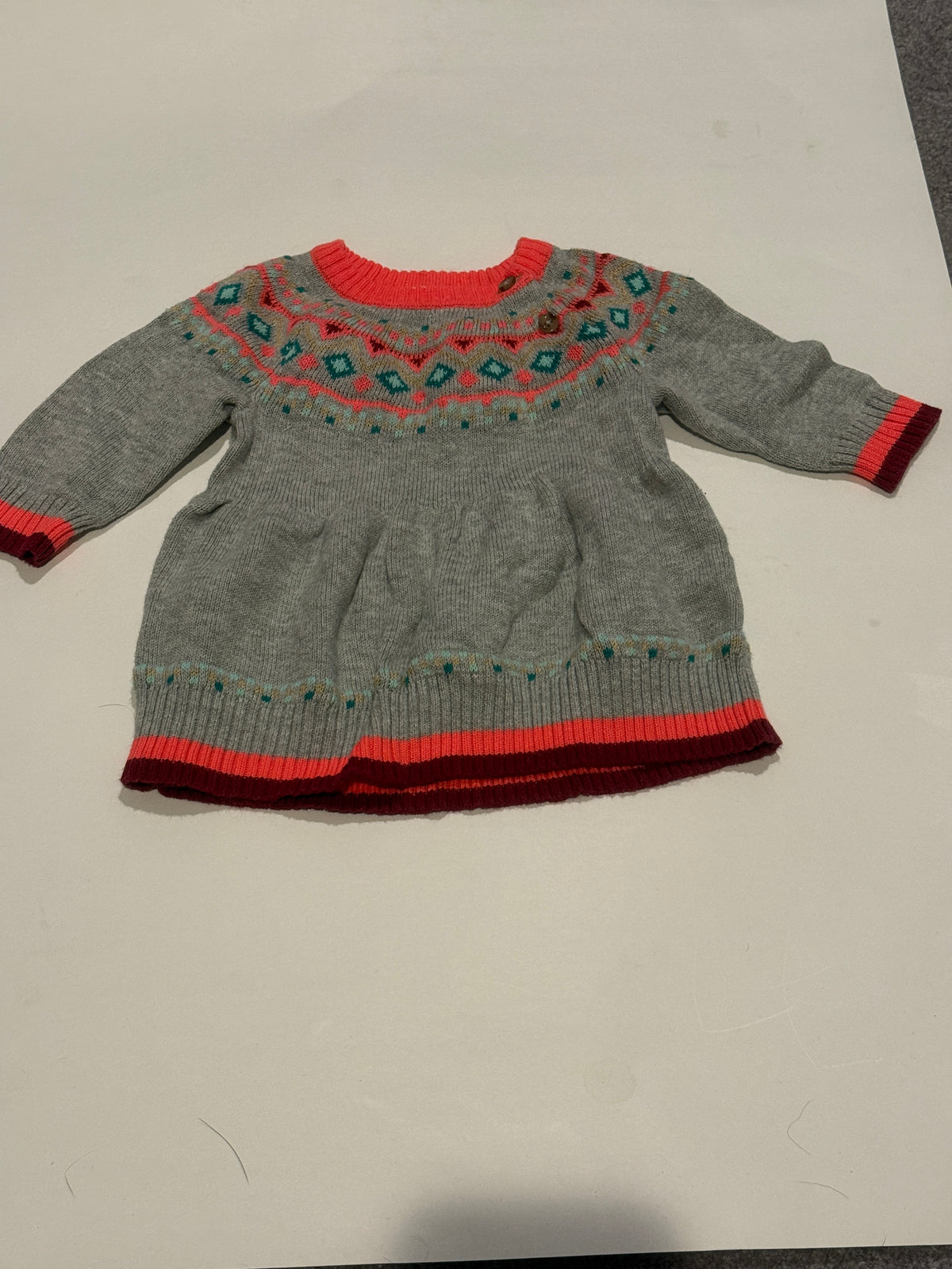 #170 Cat and Jack grey sweater dress with colorful neck line girls 0-3 months
