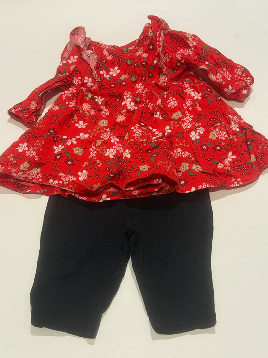 #170 Carters red holiday floral button down shirt with black pants girls 3 months