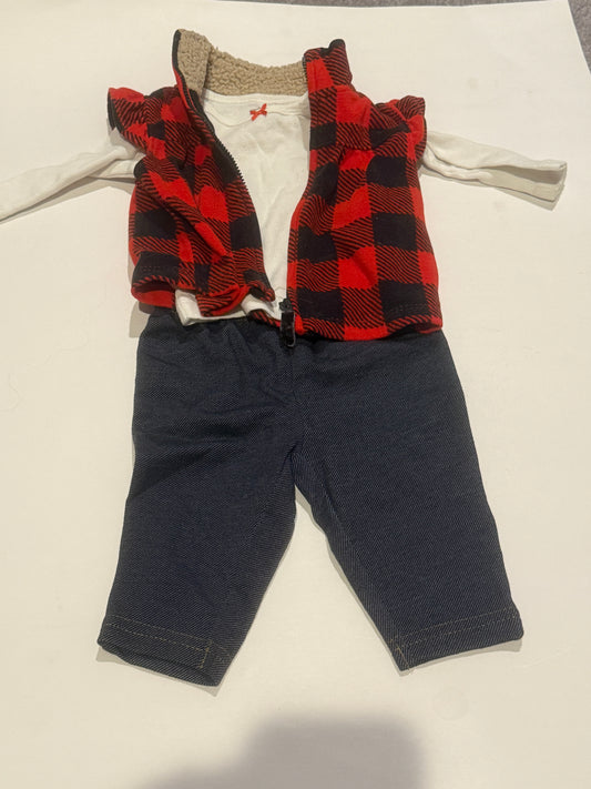 #170 Carters outfit bundle buffalo plaid zip up Sherpa neck vest, denim leggings and long sleeve white shirt girls 3 months