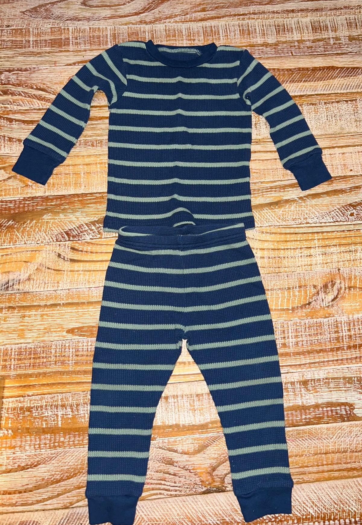#4 Carter’s Blue and Green Striped Waffle Set Boys 12 months