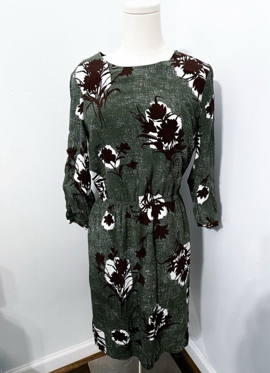 #111 Womens Boden Dress Green/Brown Floral Long Sleeve Dress Size 8