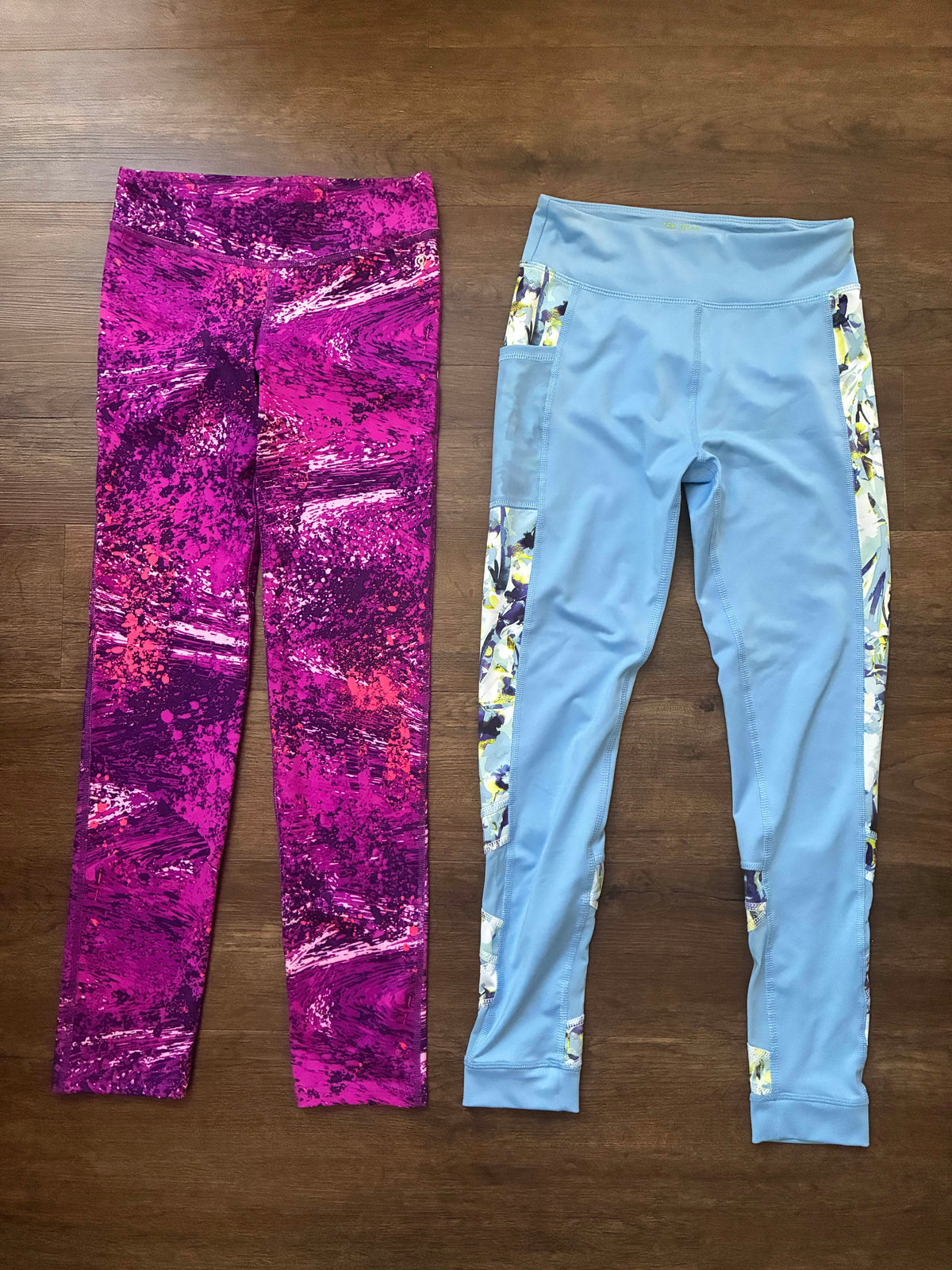 #126 EUC 2 Pairs Athletic Leggings Tek Gear Light Blue & Champion Purple/Pink Girls L 10/12