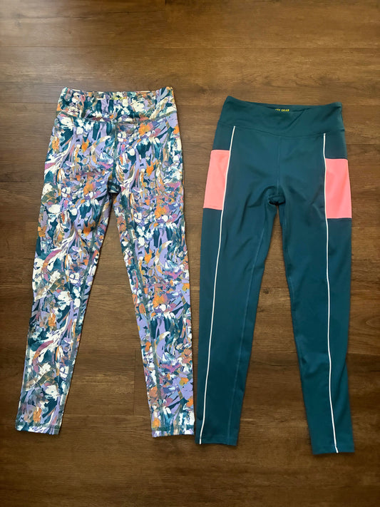 #126 2 Pairs EUC Athletic Leggings Tek Gear Teal with Pink Detail & Multi-Colored Girls L 10/12