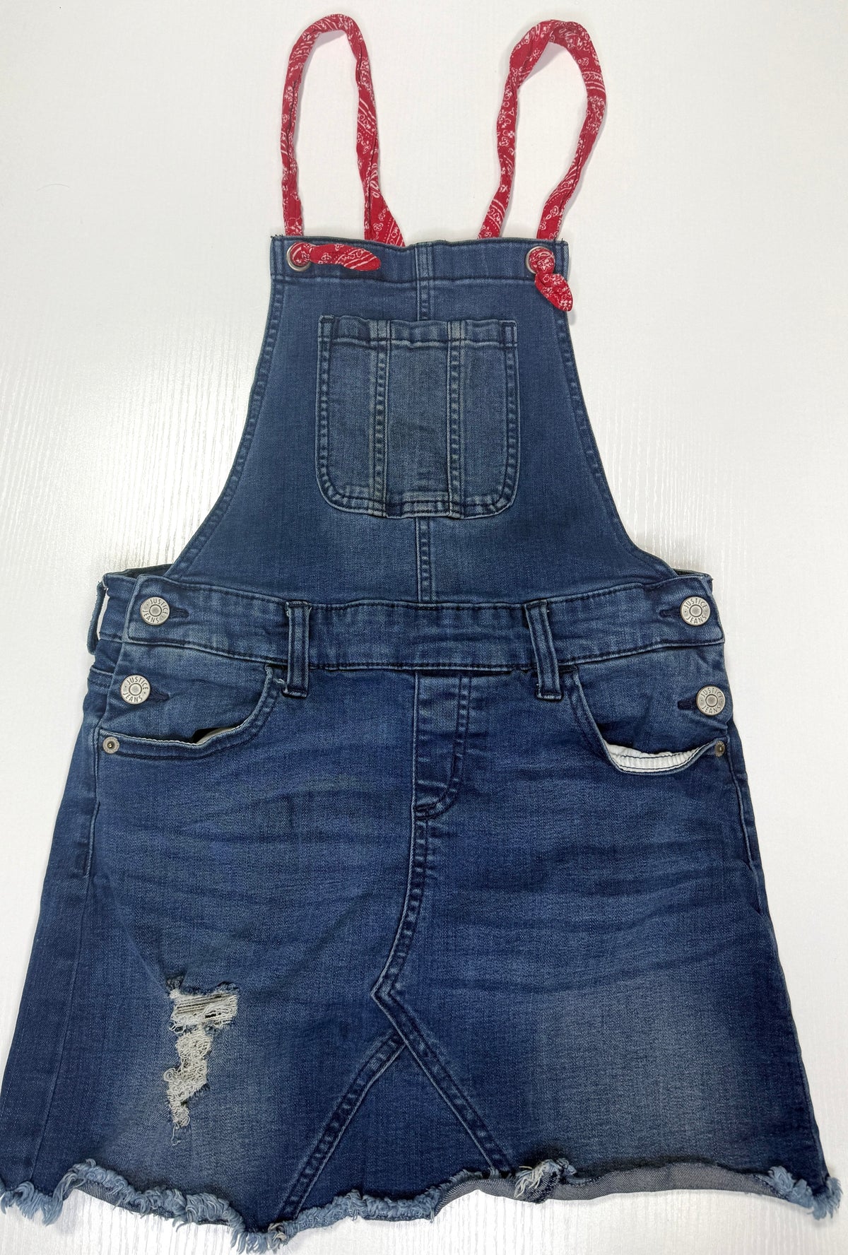 155 Girls Justice Denim Overall Dress Size 14 with build in shorties GUC