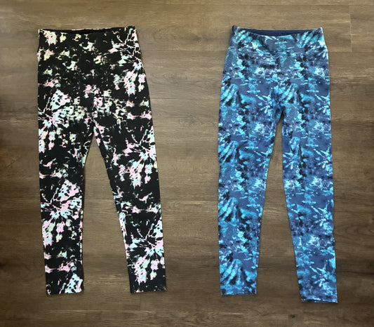 #126 2 Pairs EUC SO Black Multi & Blue Multi Colored Leggings Girl L 10/12