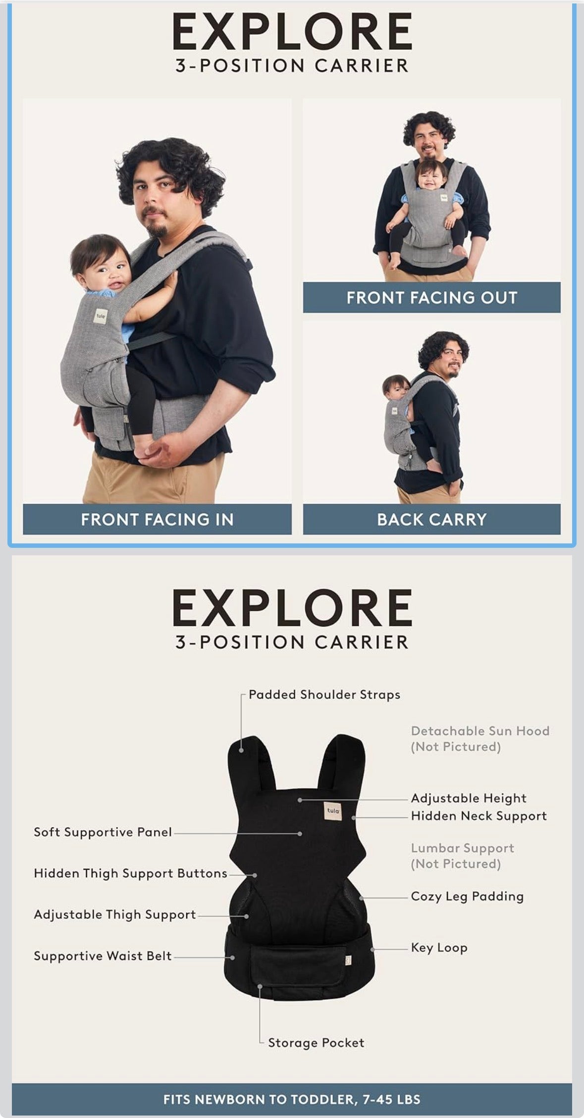 #121 Tula Explore 3 position baby carrier, VGUC