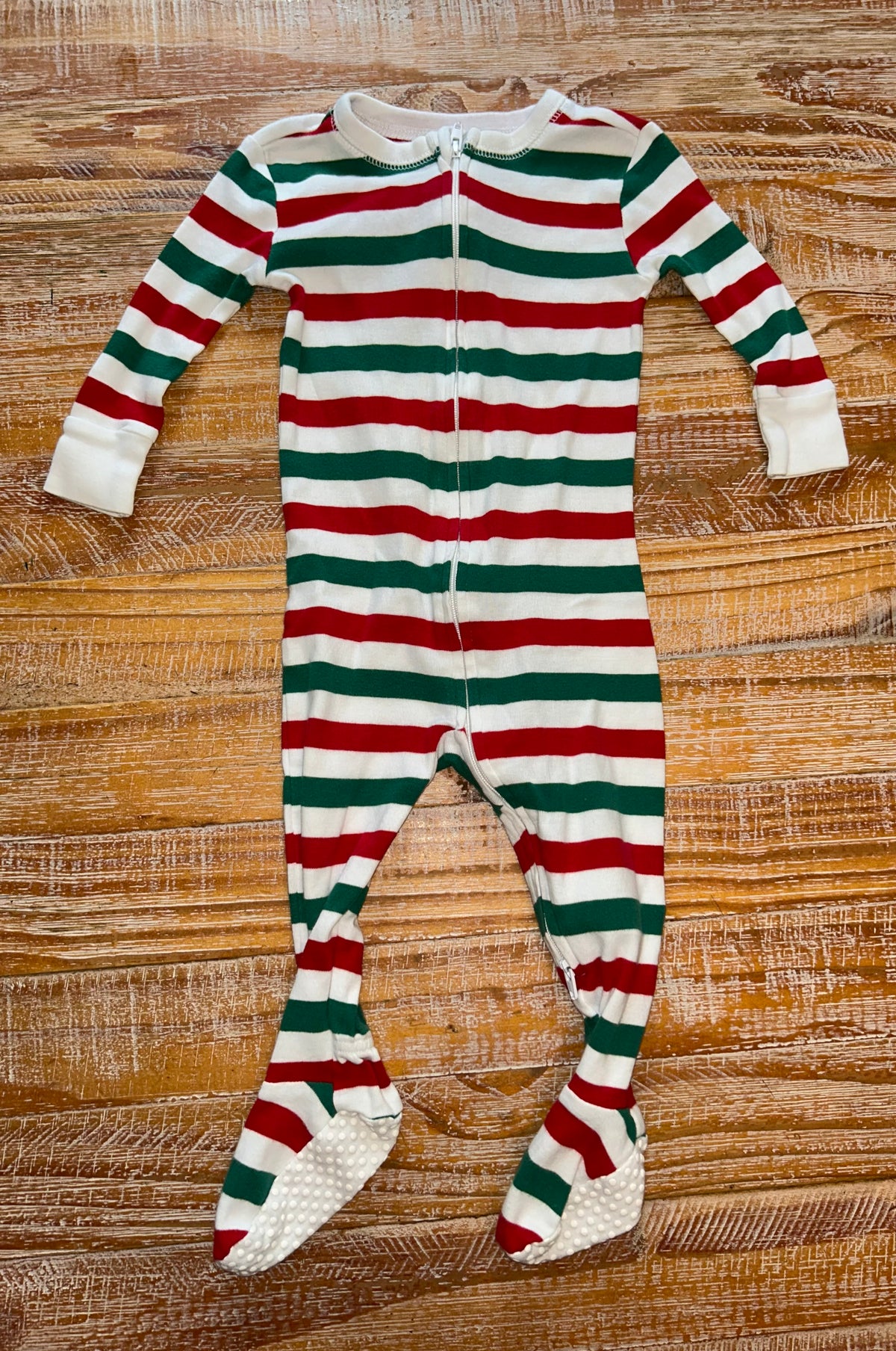 #4 Old Navy Red, Green, White Striped Zip-Up Footie 6-12 months