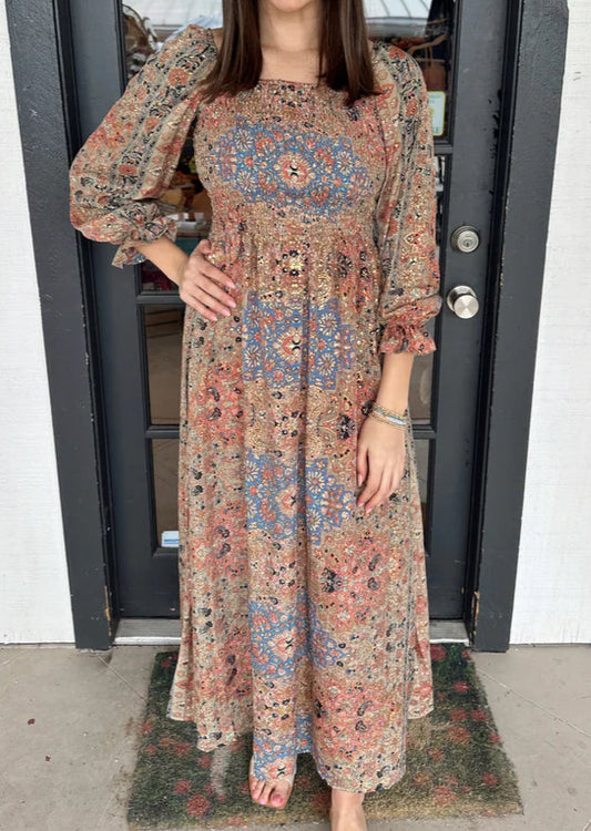 #198- Women’s, Boutique, Maxi Dress with Gold Accents- Size Medium