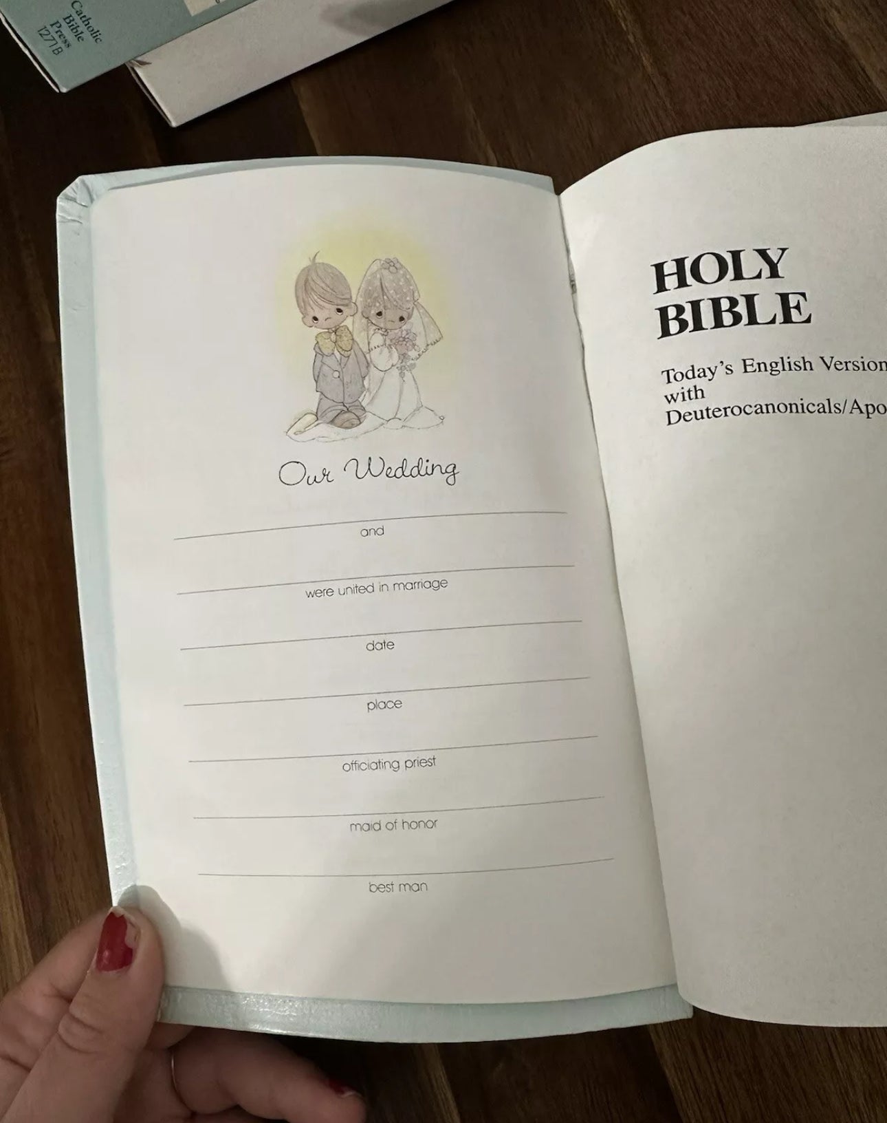 #111 Precious Moments Holy Bible Catholic Edition Blue Mist