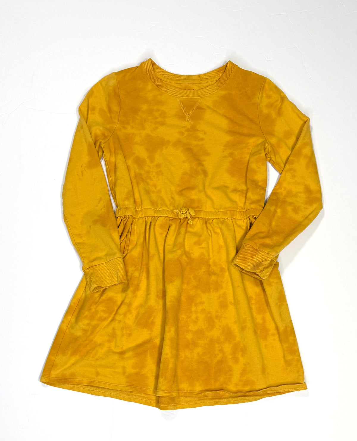 155 Girls Cat and Jack Size Large Yellow Tie Dye Dress VGUC (thicker sweatshrt like material and pockets!)