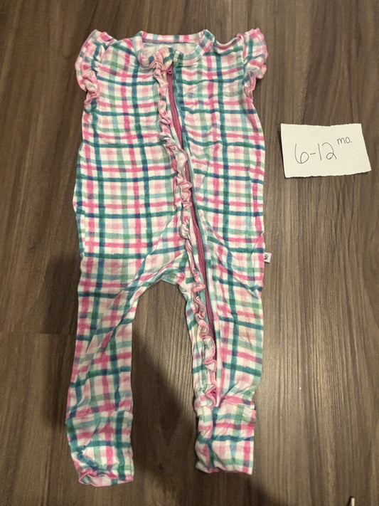 #138 - 6-12 Mo - VGUC Birdie Bean - Blue/Pink/Green Plaid Romper - PU 45236
