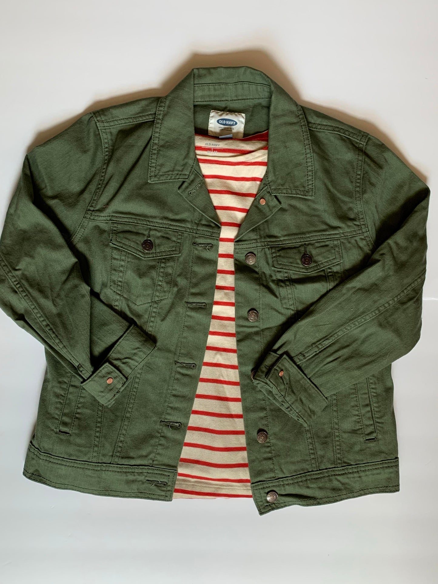 Seller #2 -Women's Large Green Denim Jacket with Striped Shirt