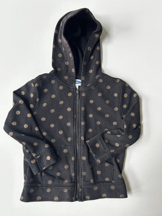 #98A - 5T Girls Old Navy Black and Gold Polka Dot Zip Up Hoodie GUC