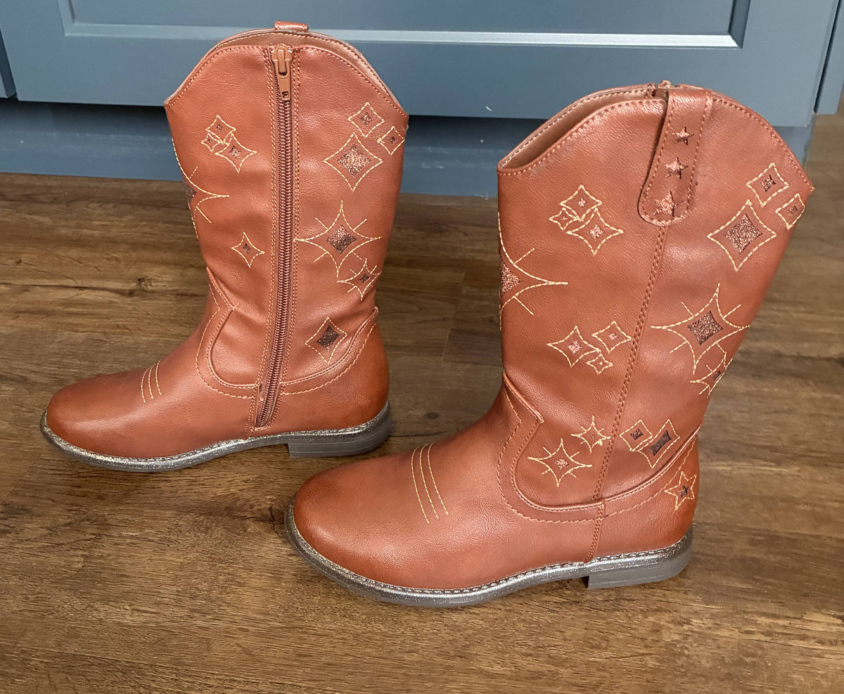 #126 EUC Brown with Star Detail Cowboy Boots Girls 3