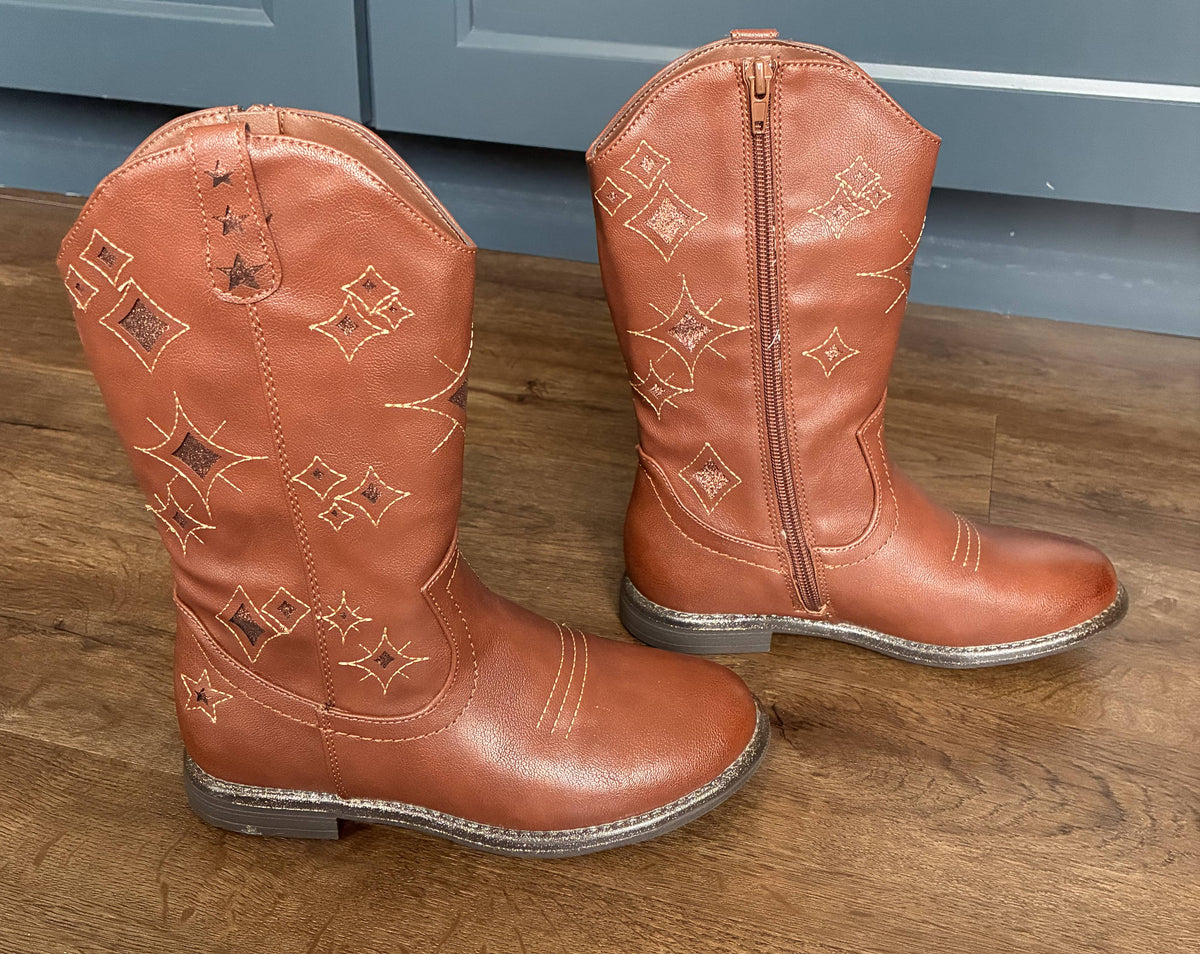 #126 EUC Brown with Star Detail Cowboy Boots Girls 3