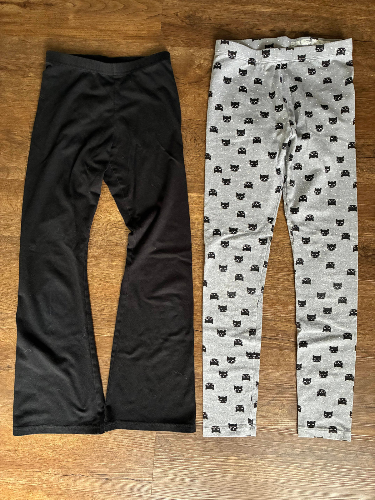 #126 2 Pairs Leggings Gray with Black Cat & Old Navy Black Flare Leggings Girls L 10/12