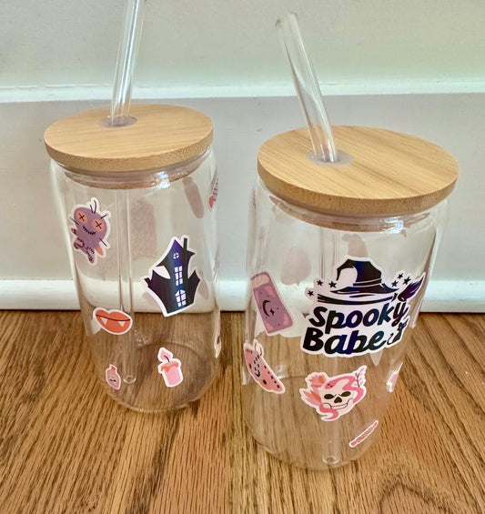 #198- Halloween Glass Cups for Iced Coffee / Drinks, Set of 2