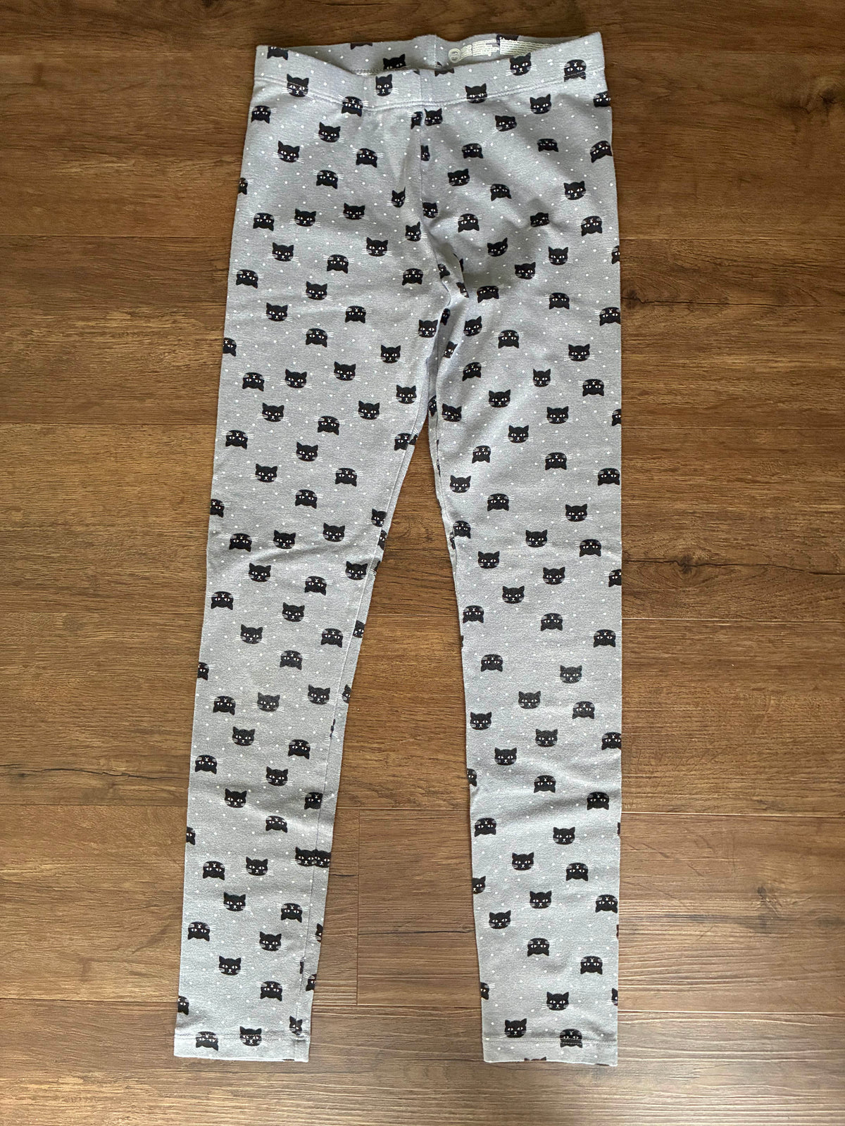 #126 2 Pairs Leggings Gray with Black Cat & Old Navy Black Flare Leggings Girls L 10/12