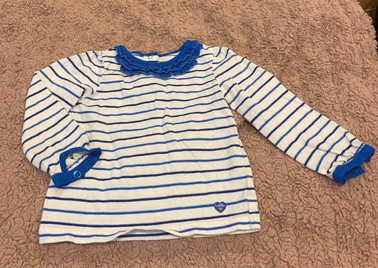 Seller #191 24mo Health Tex White & Blue Ruffle/Striped Long Sleeve Shirt