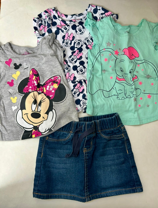 #200 Girls 24 month Disney (4 Items - 3 shirts and Jean skirt)