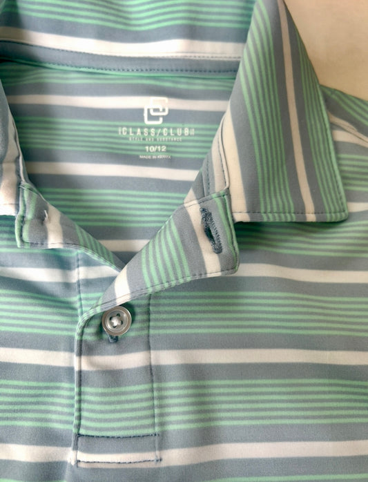 #95 Boys size 10-12 light blue striped dry fit polo