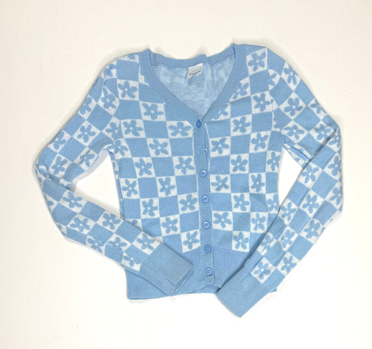 155 Girls Abercrombie kids Size 9/10 Blue Checker Daisy Cardigan - runs small