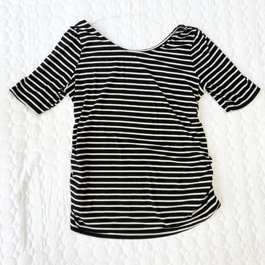 #66 Women’s XXL maternity top (black/gold/cream striped) with side ruching